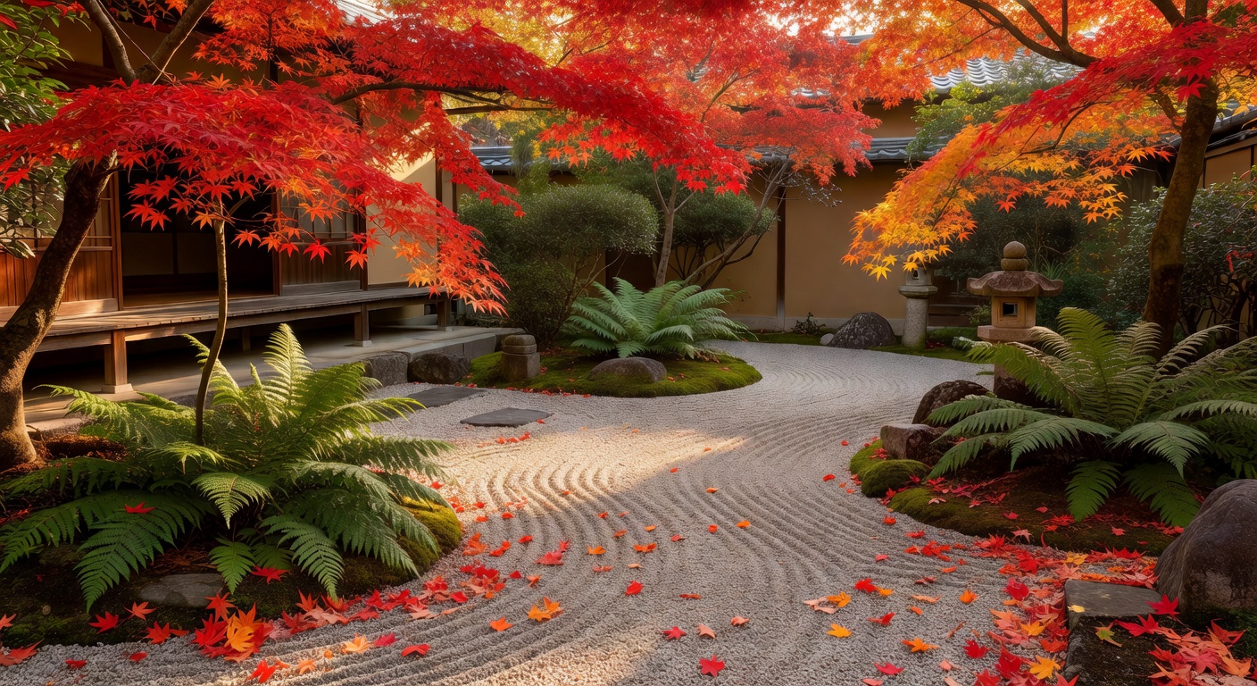 秋の紅葉とシダ