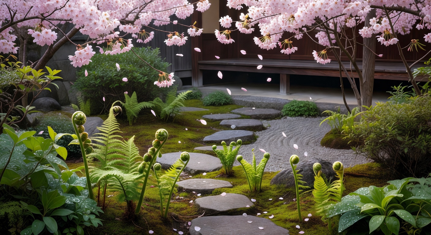春の桜とシダ