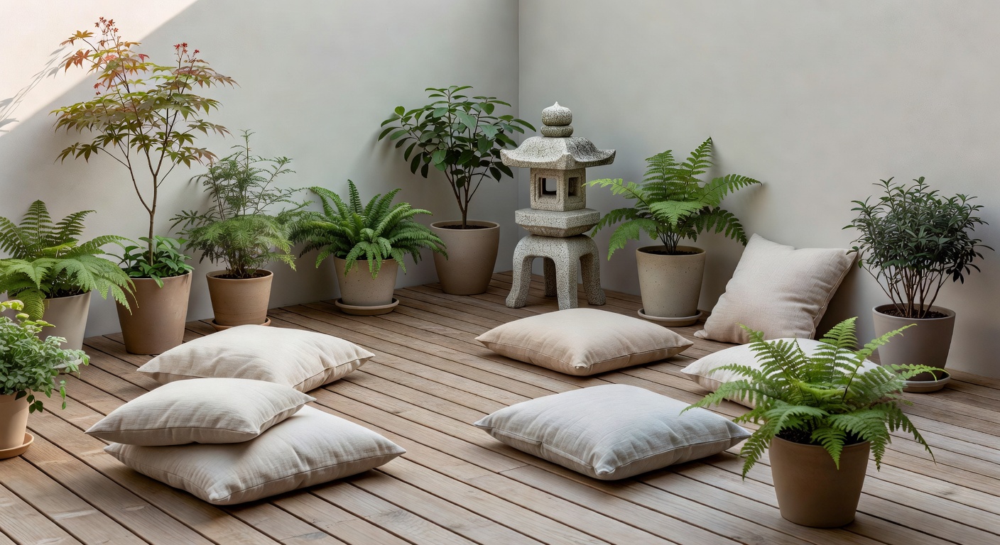 木製デッキのテラスと鉢植えのシダ
