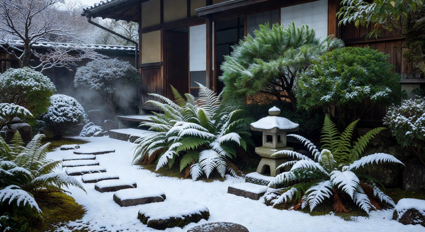 冬の雪景色とシダ